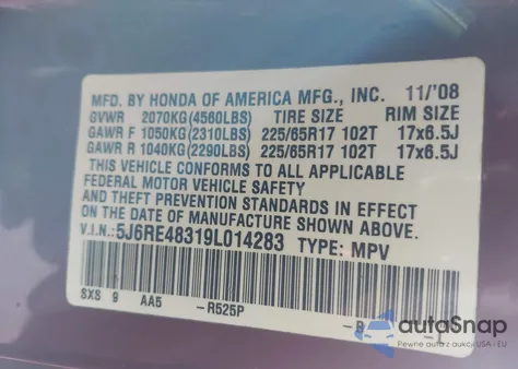 2009 Honda Cr-V Lx z USA, uszkodzony, nr VIN 5J6RE48319L014283